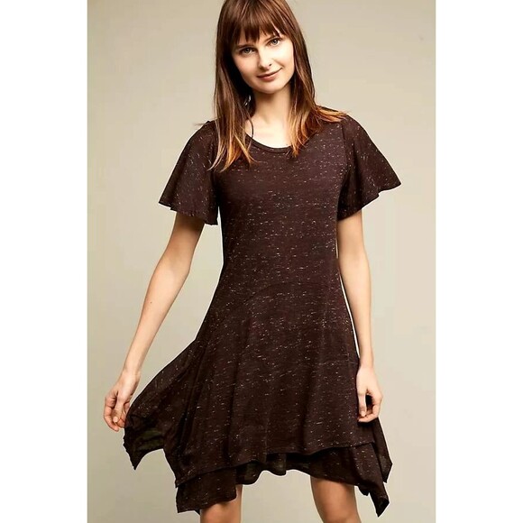 DOLAN Anthropologie Melanie Knit Dress M Flutter Sleeve Left Coast Plum EUC  B8 - Picture 1 of 6